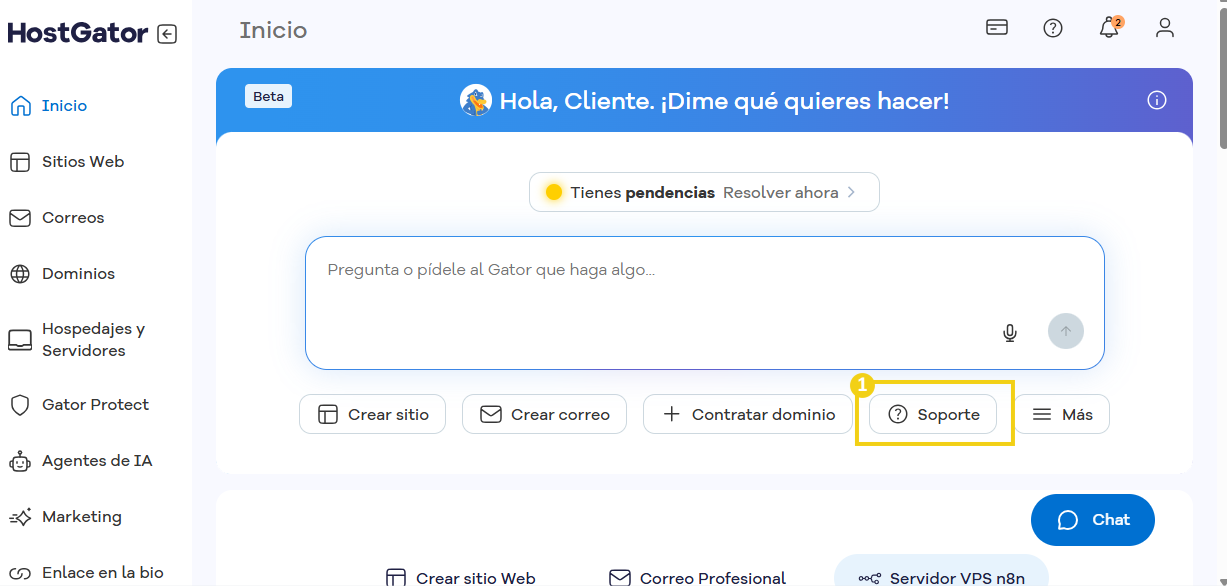  La imagen muestra la pantalla del Portal del cliente de HostGator, resaltando la opción "Soporte".