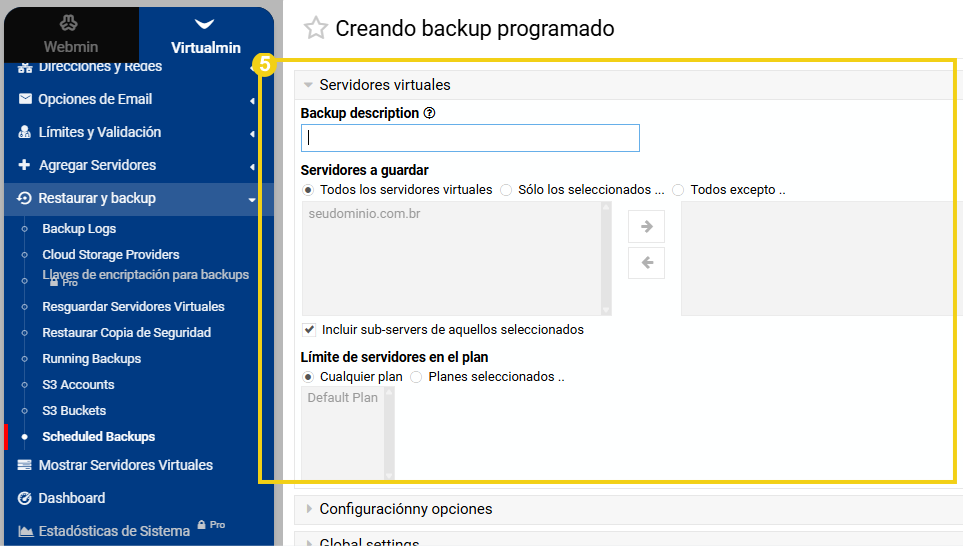 Area de configuración de backup con campos de descripción, servidores y límites