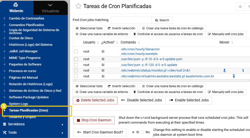 opción "Tareas Programadas (Cron)" destacada