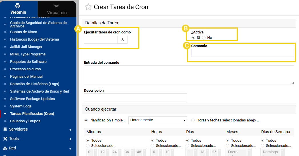 Detalles de tarea Cron con usuario, activación y campo de comando