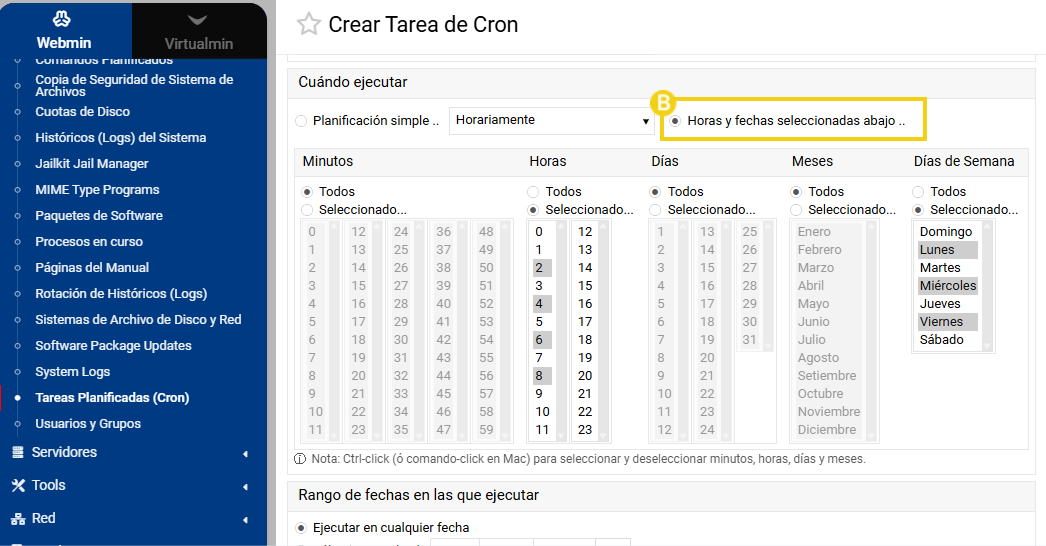 Frecuencia con días y horarios seleccionados en tareas cron