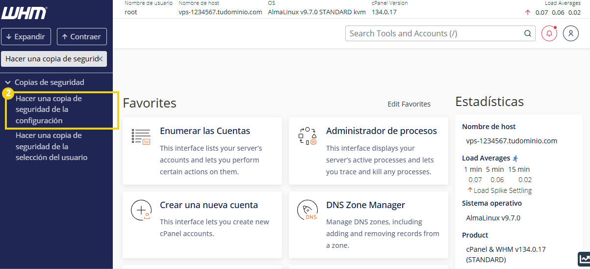 Campo de búsqueda con "Hacer backup de la configuración" destacado