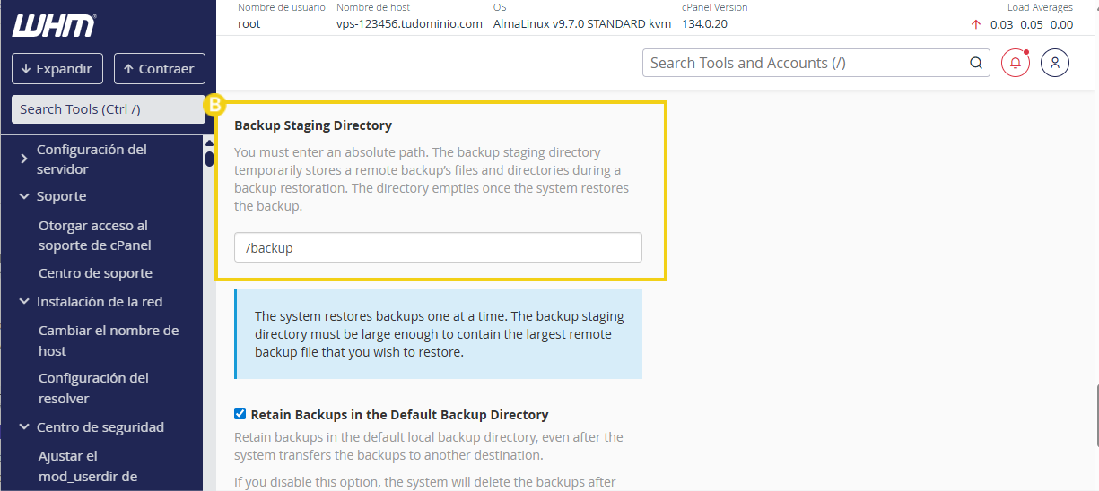Campo de directorio de preparación de backup con /backup configurado