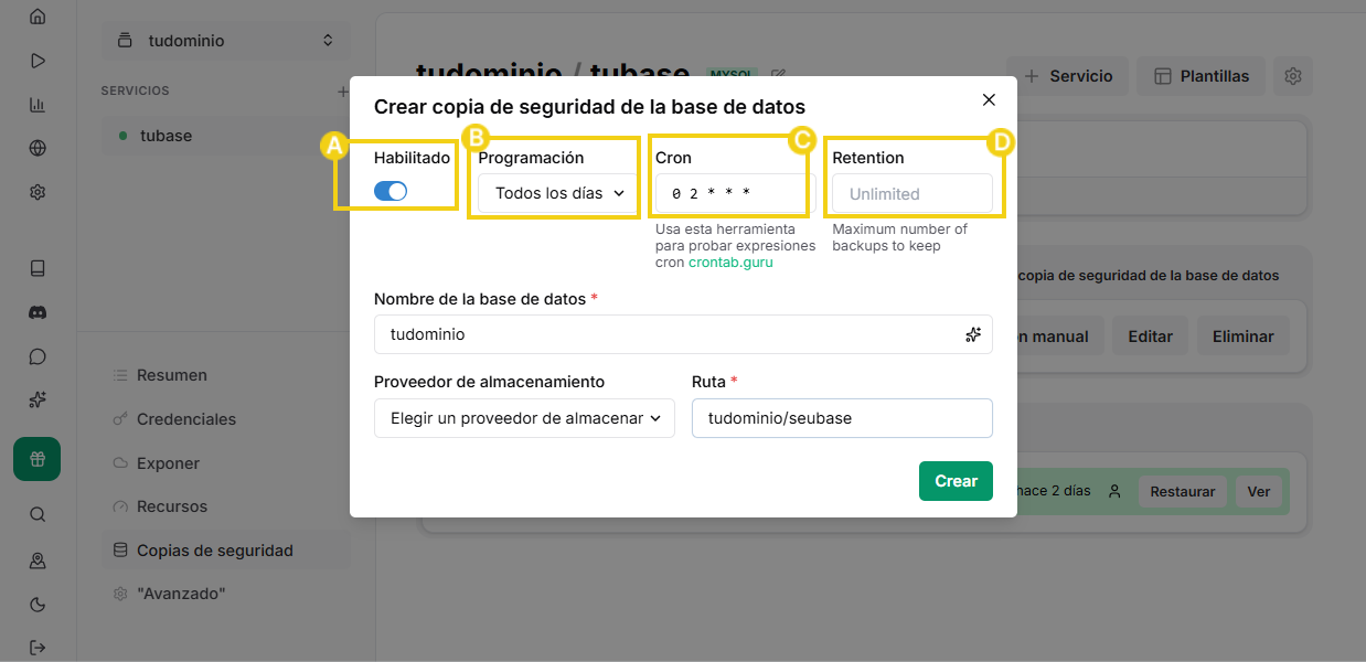 Área de gestión de backups de base de datos de EasyPanel con las opciones Activado, Programar, Cron y Retention (Retención) destacadas