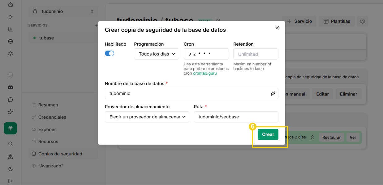 Botón Crear destacado en la pantalla de configuración de backups de EasyPanel