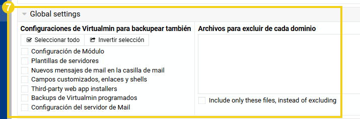 Opción "Global settings" con campos de configuraciones adicionales