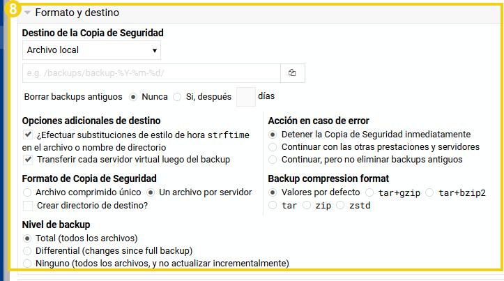 Sección "Destination and format" en la creación de programación de backup