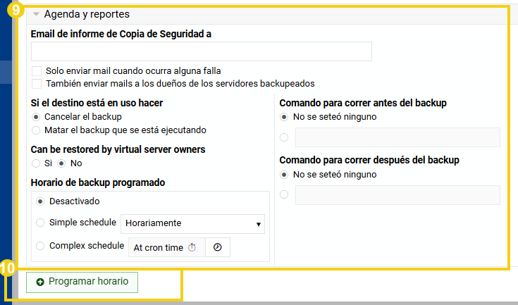 Sección Schedule and reporting con opciones para definir la rutina
