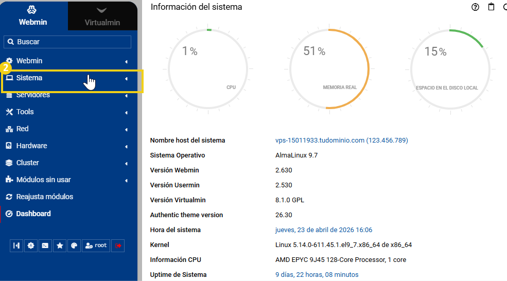 Pantalla inicial con la opción "Sistema" destacada