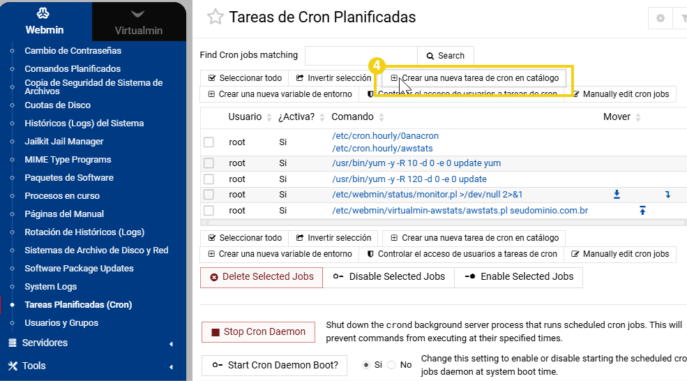 Opción "Crear nueva tarea cron programada" destacada