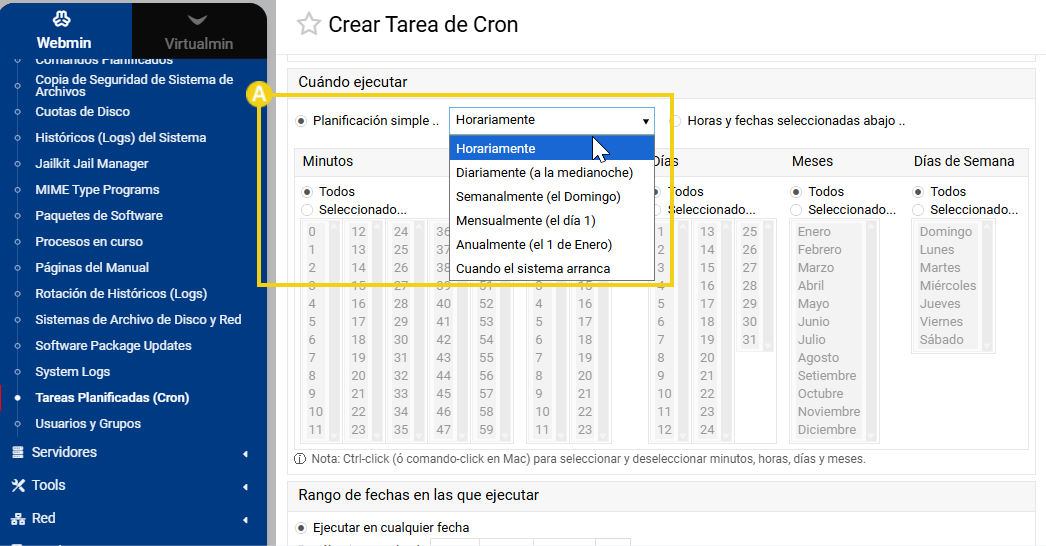 Opciones de frecuencia en la gestión de tareas cron