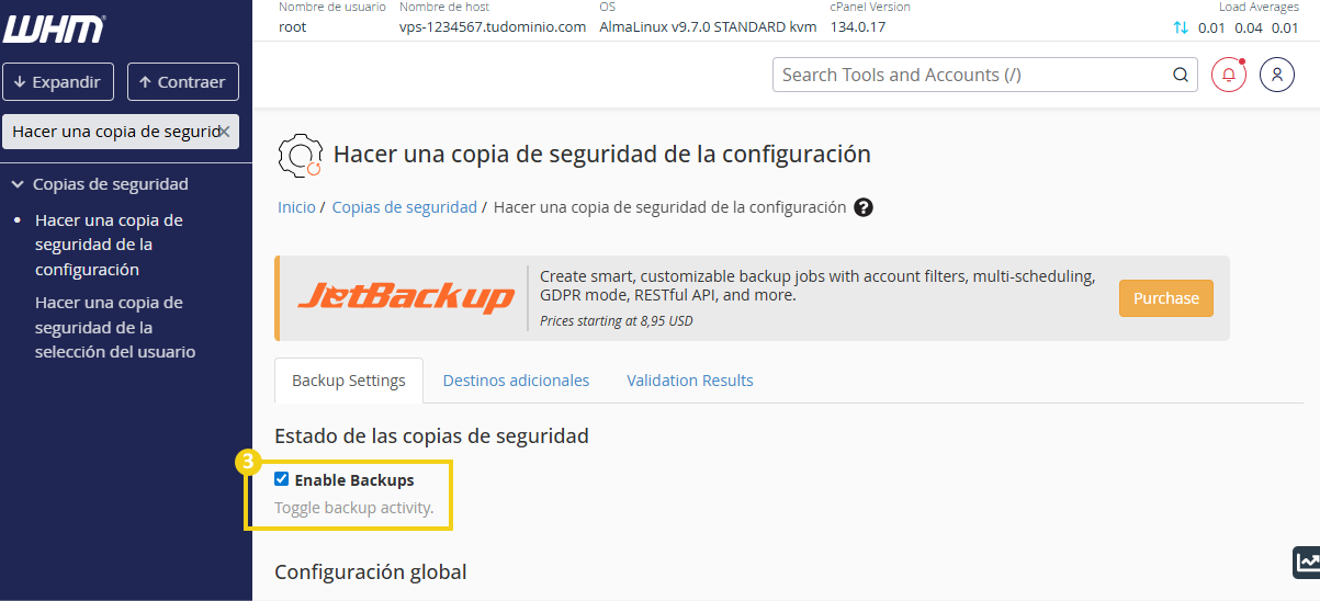 Campo para habilitar o deshabilitar backups