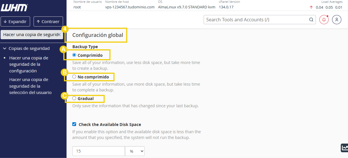 Tipos de backup disponibles: Comprimido, Descomprimido o Incremental