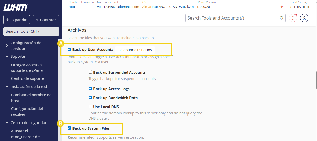 Gestión de backups con opciones de backup de cuentas de usuario y archivos del sistema