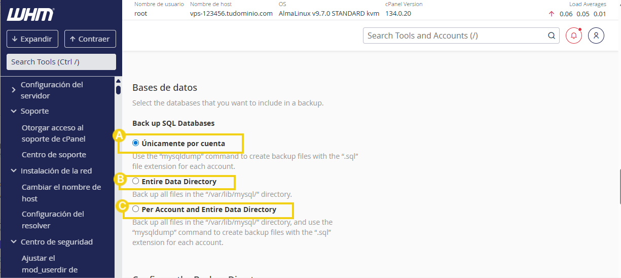 Opciones de backup MySQL por cuenta, directorio completo o ambas