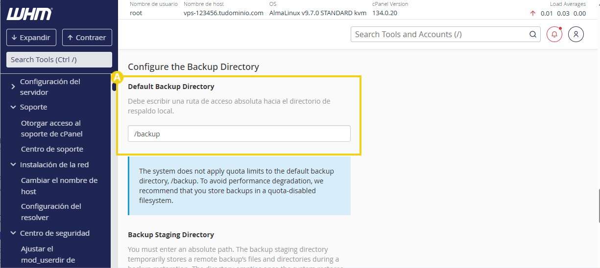 Campo de directorio de backup predeterminado con /backup configurado