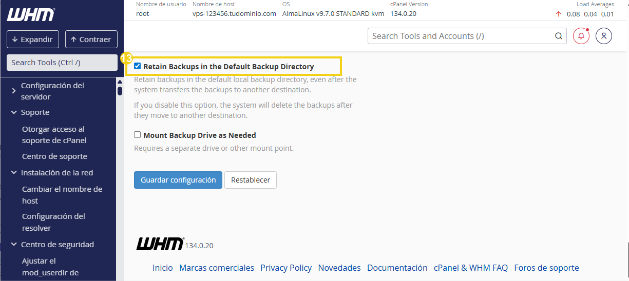 Opción habilitada para conservar backups en el directorio predeterminado