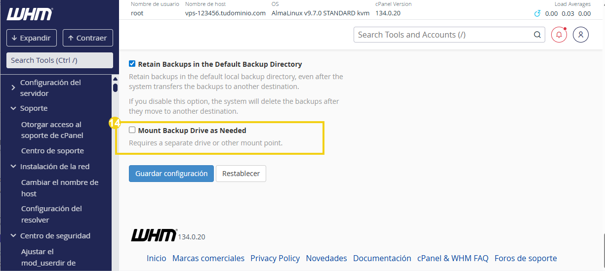 Opción montar drive de backup según necesidad destacada