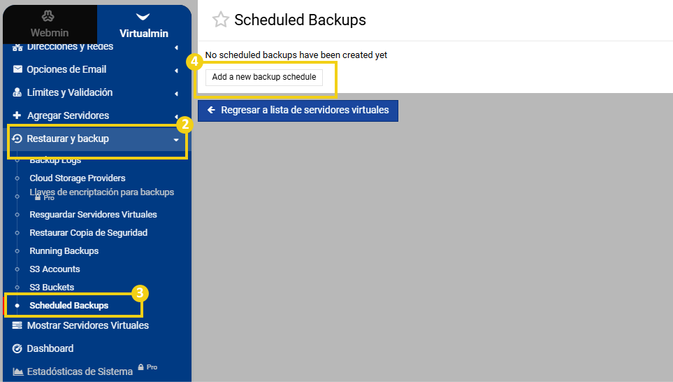 Opción "Backup And Restore" y botón "Add a new backup schedule" destacados