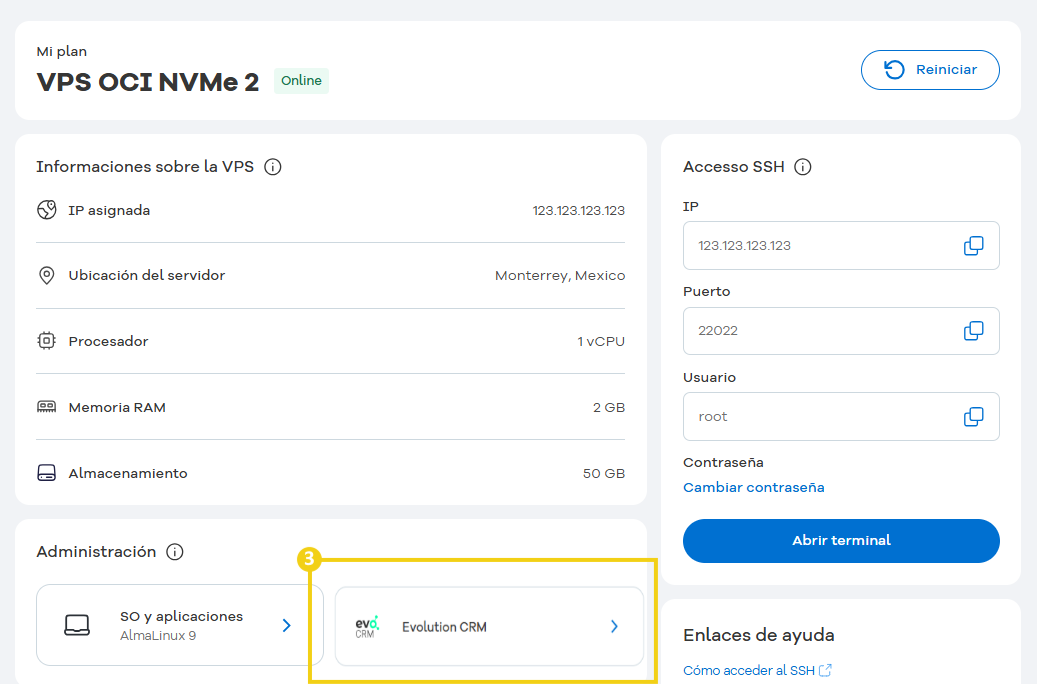 Captura de pantalla del portal de clientes de HostGator donde se destaca la opción "Evolution CRM".