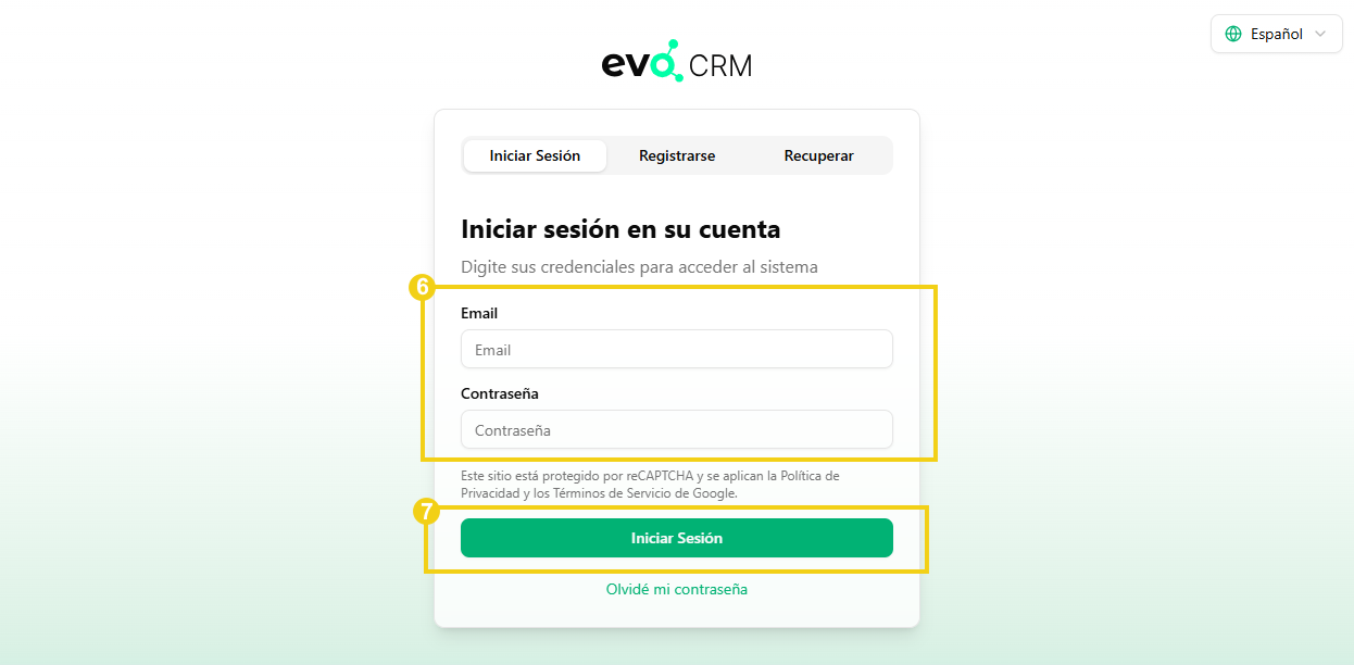 Imagen de la pantalla de acceso al panel de control de EVO CRM.