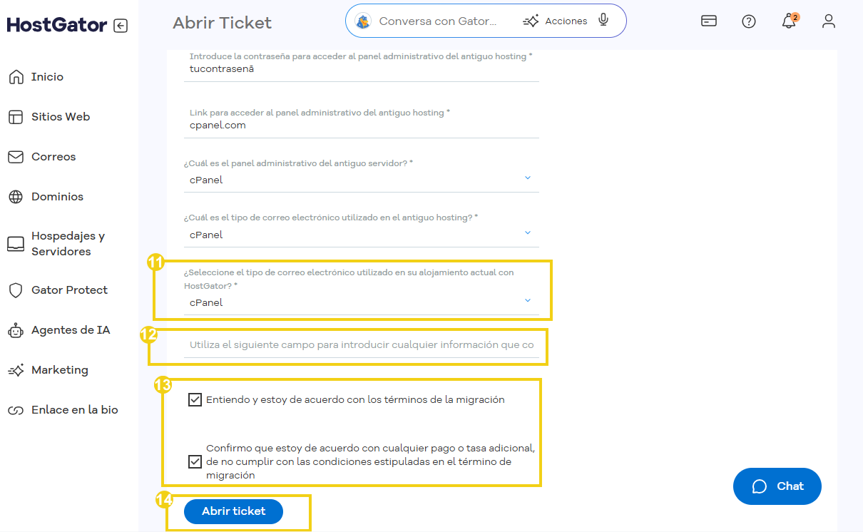 pantalla de apertura de ticket con campo de información adicional, términos y botón enviar