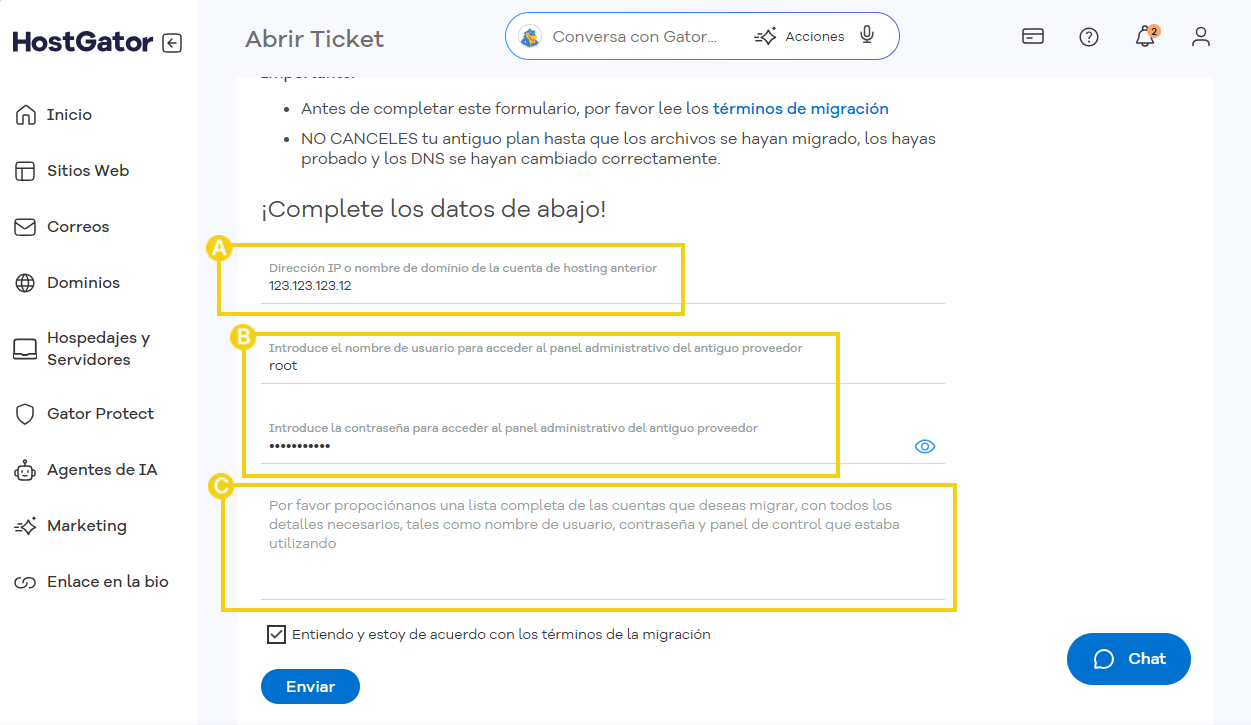 Captura de pantalla del formulario de solicitud de migración, donde se destacan los campos que deben completarse.