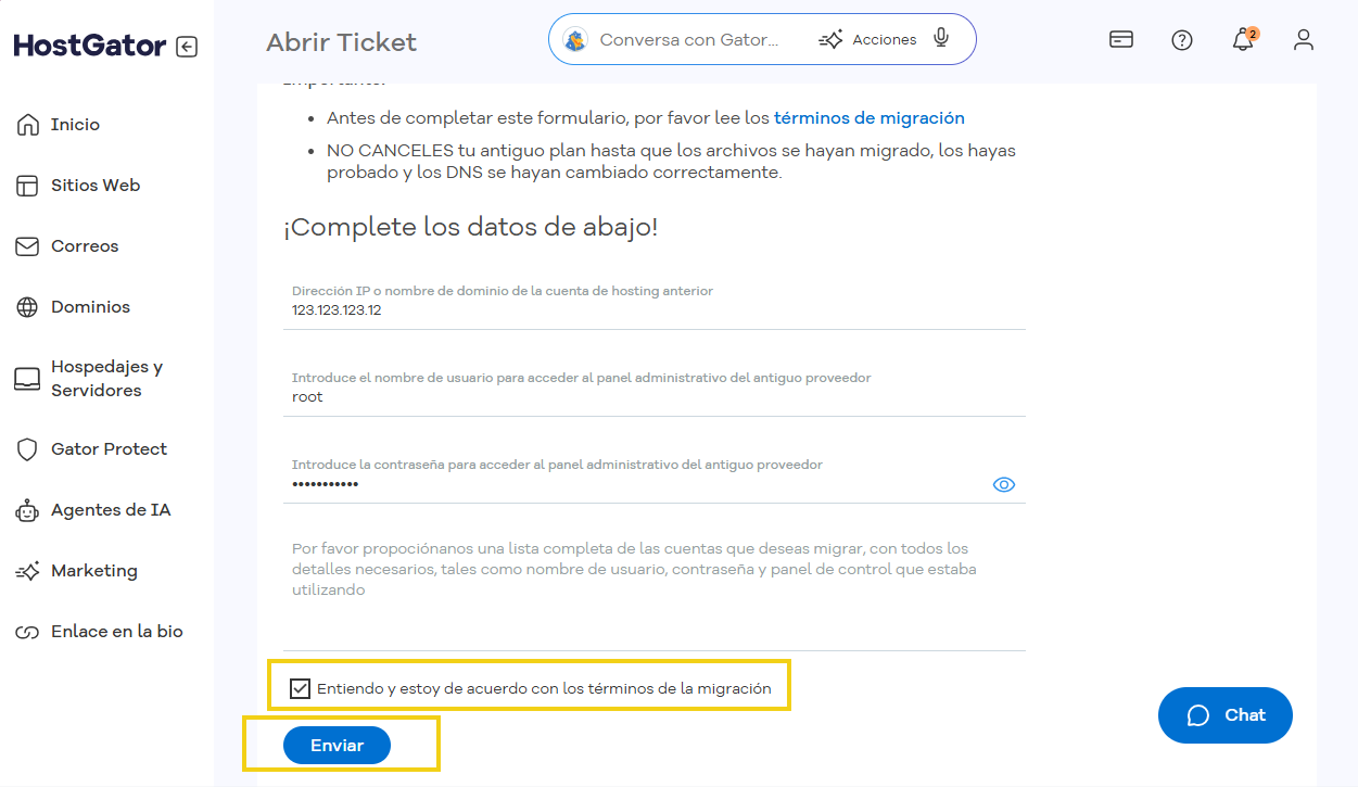 Captura de pantalla del formulario de solicitud de migración, donde se destacan los campos finales para su selección.