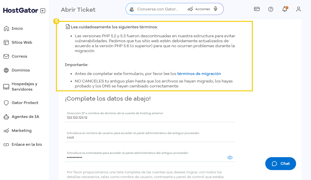 Captura de pantalla del formulario de solicitud de migración, donde se destacan los términos.