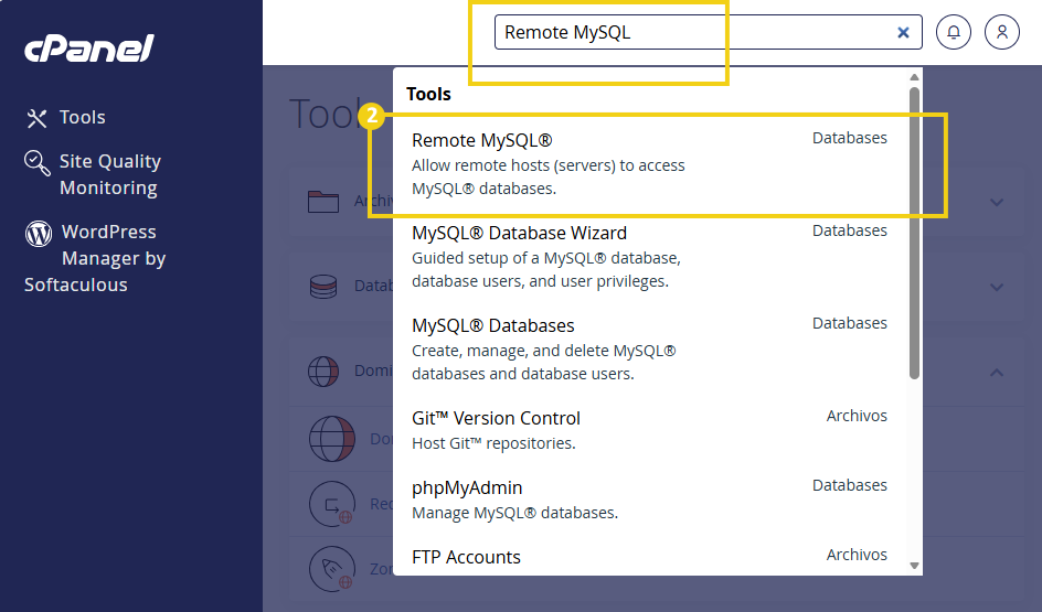 cPanel — barra de búsqueda con el término MySQL remoto ingresado y resultado encontrado