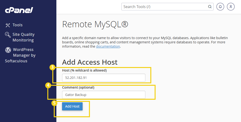 cPanel — pantalla con los campos para agregar la IP del Gator Backup