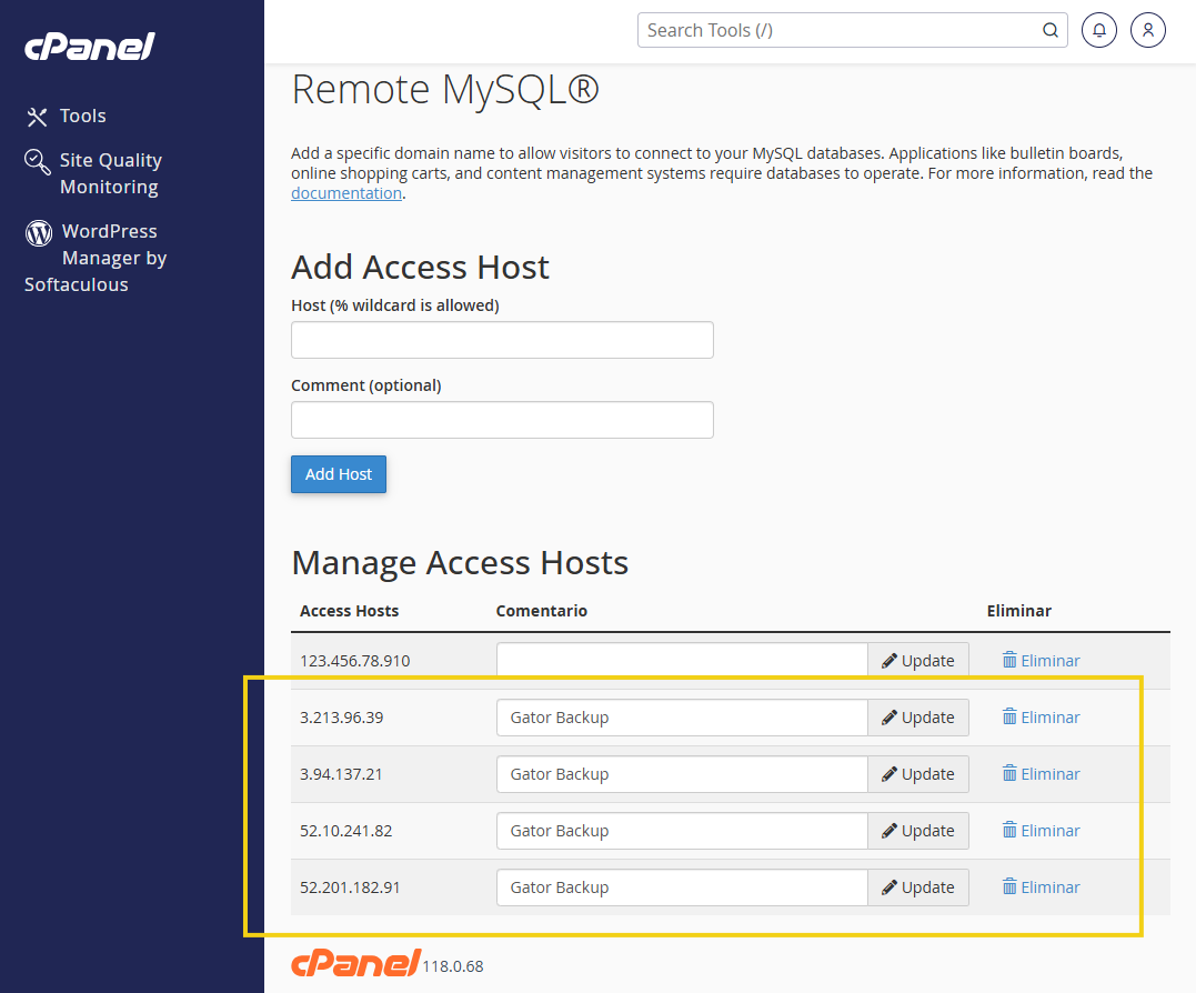 cPanel — sección Manage Access Hosts con todas las IPs del Gator Backup agregadas