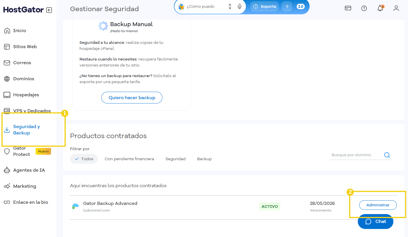 Panel de Gator Backup mostrando el dominio tudominio.com y un total de 6,3 MiB, con información de frecuencia y último backup