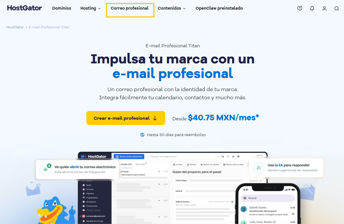  menú superior con la opción "Email" destacada