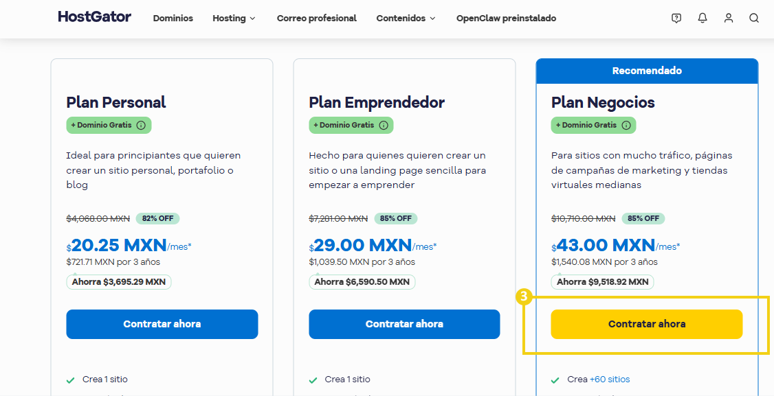 Pantalla de planes de hosting con el botón "Comenzar ahora" destacado