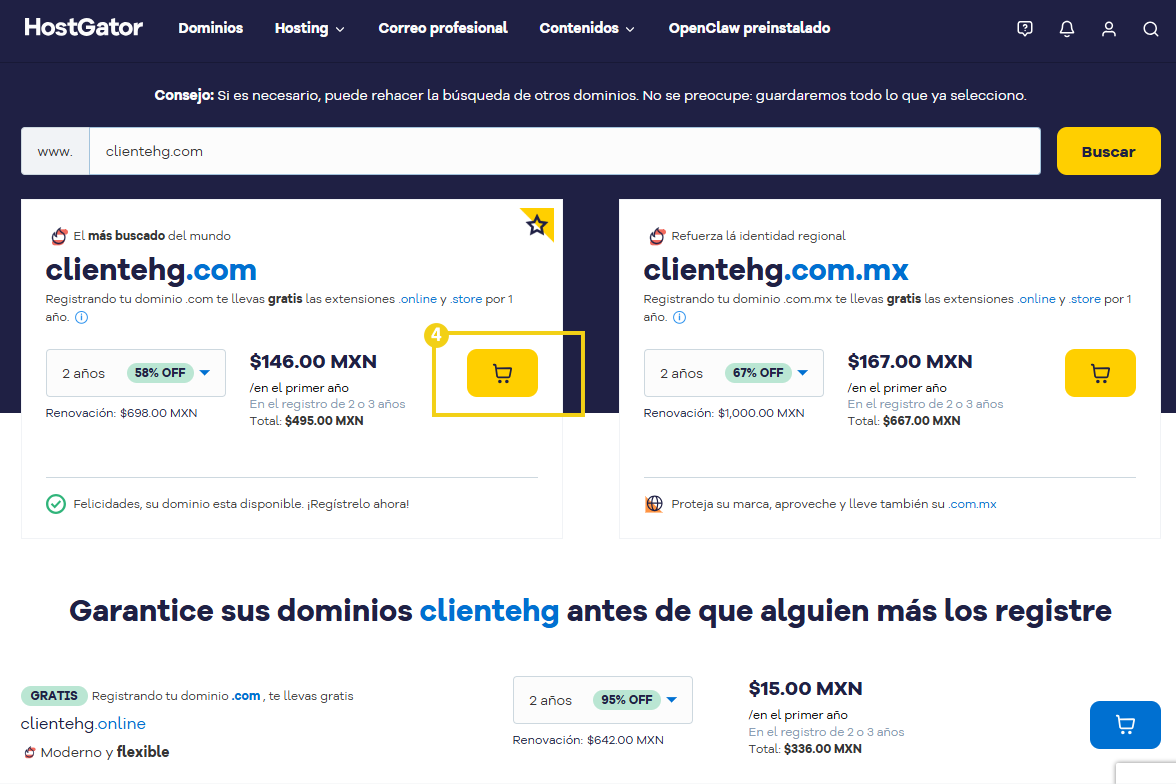 ícono de carrito para agregar el dominio seleccionado