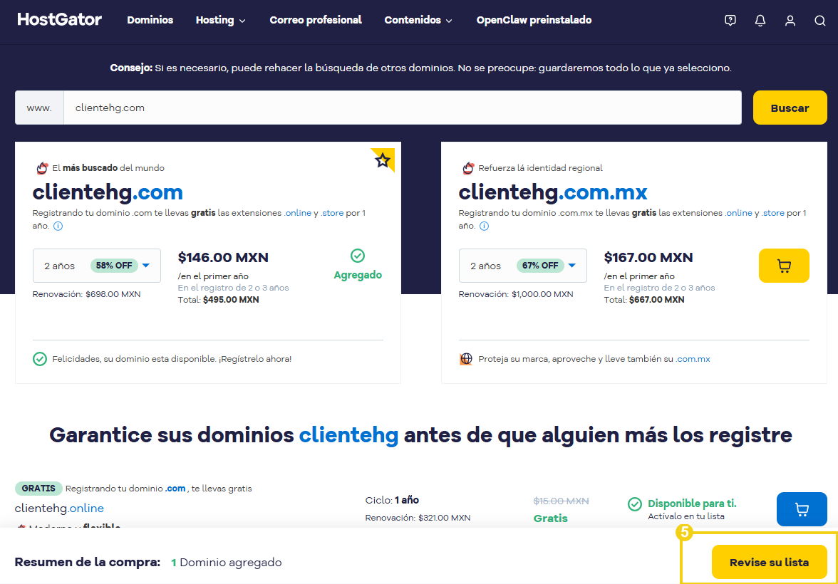 Disponibilidad del dominio y botón "Revisa tu lista" destacado