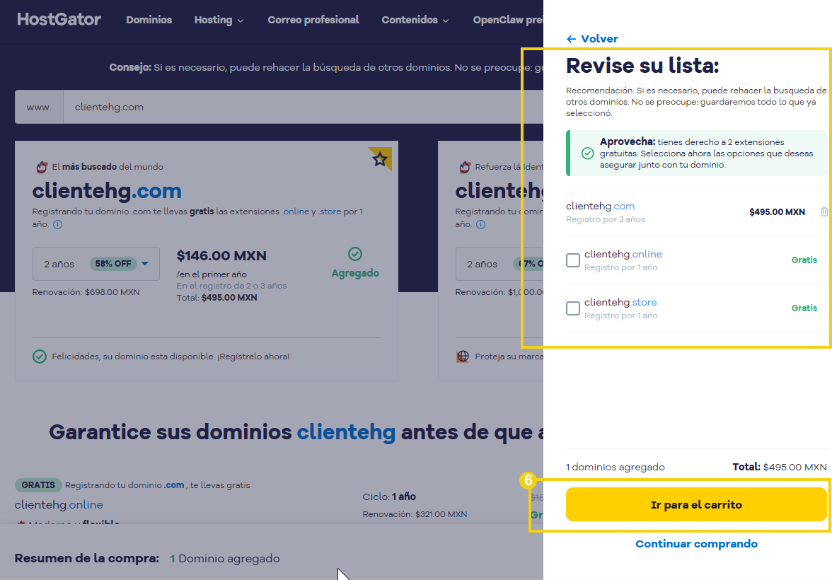 Area de compra con opción "Revisa tu lista" y botón "Ir al carrito"