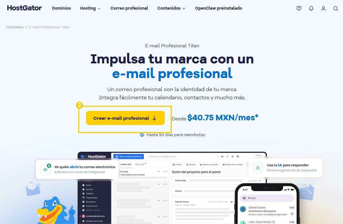 Pantalla de correo en HostGator — botón "Crear correo profesional" destacado