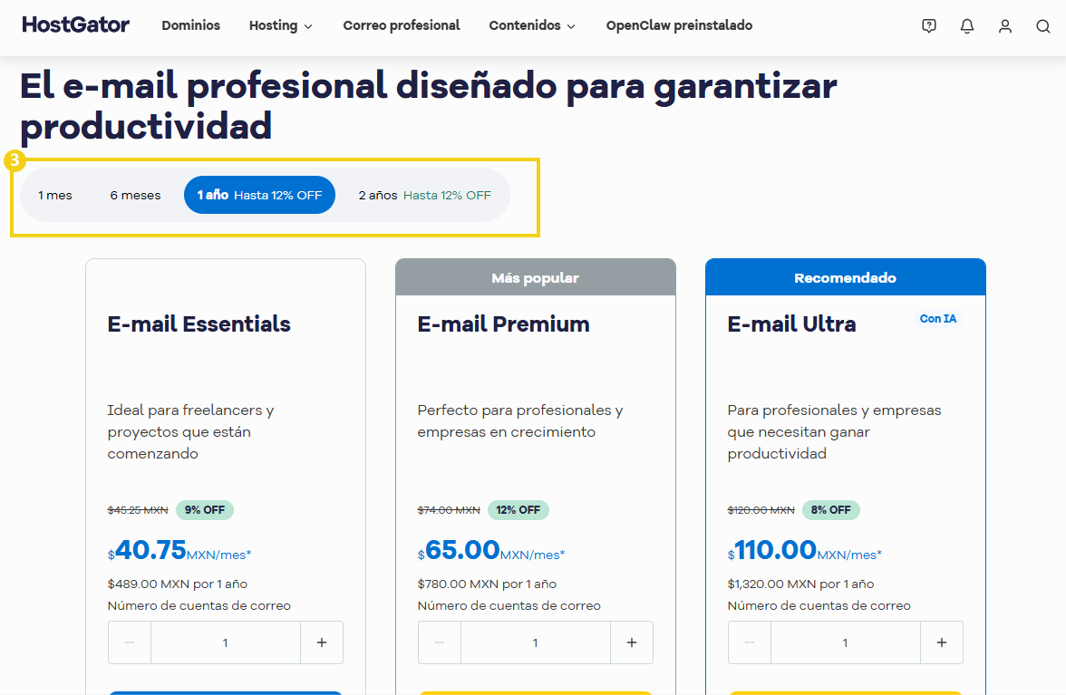 Pantalla de selección del período de contratación del producto en HostGator