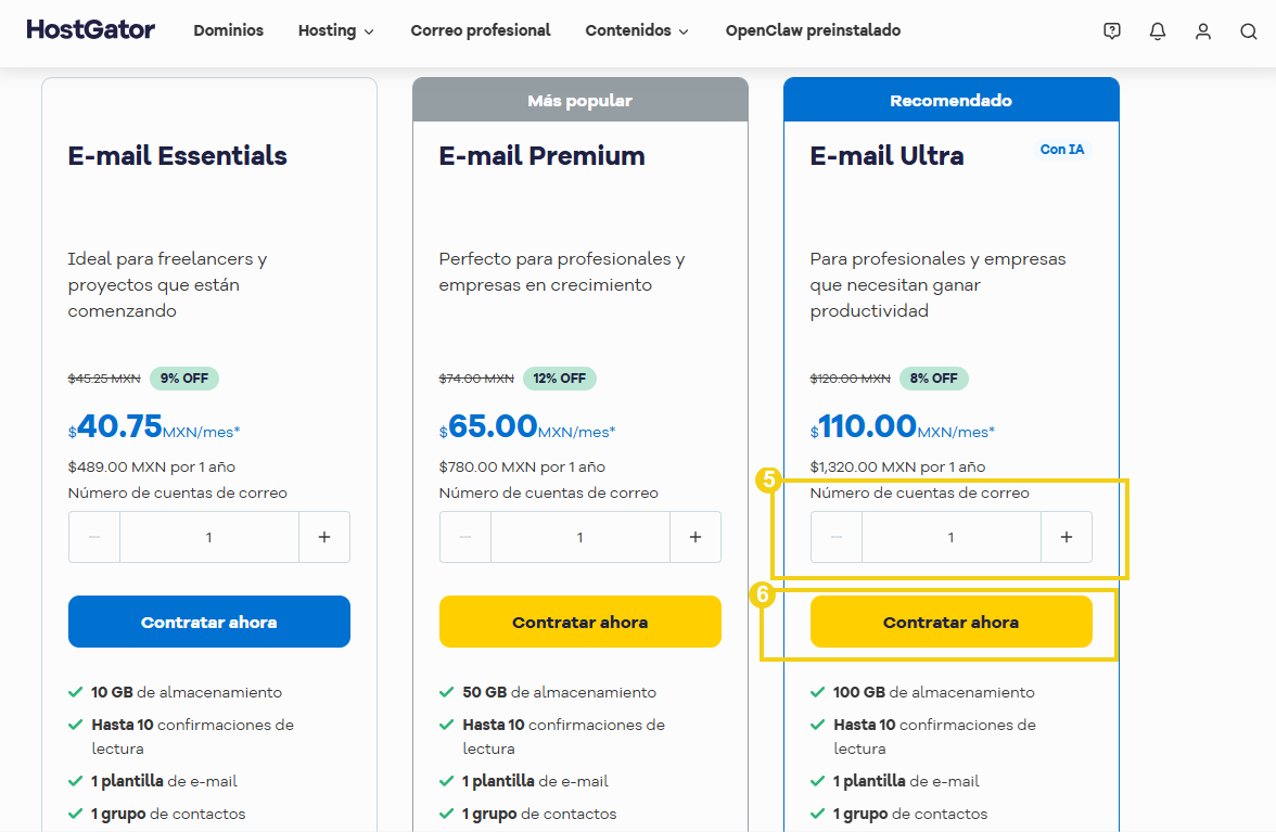 Página de HostGator con planes de correo profesional para potenciar tu marca con eficiencia y seguridad digital