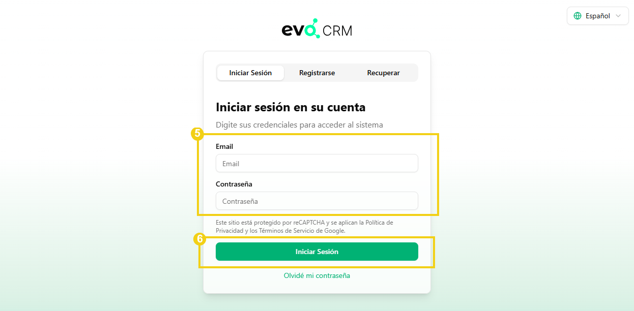 Imagen de la pantalla de acceso al panel de control de EVO CRM.