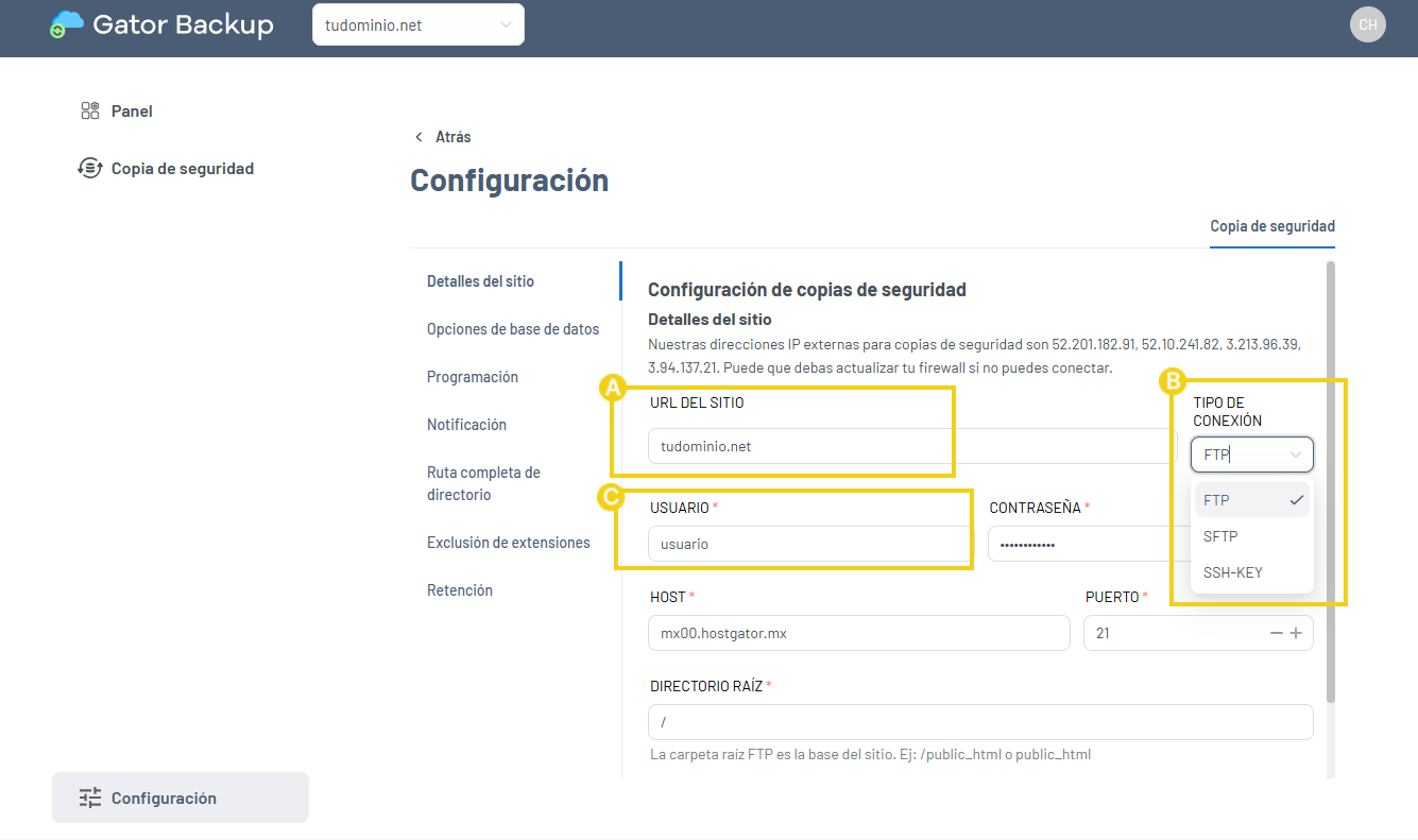 Area de configuración con los campos necesarios para completar resaltados