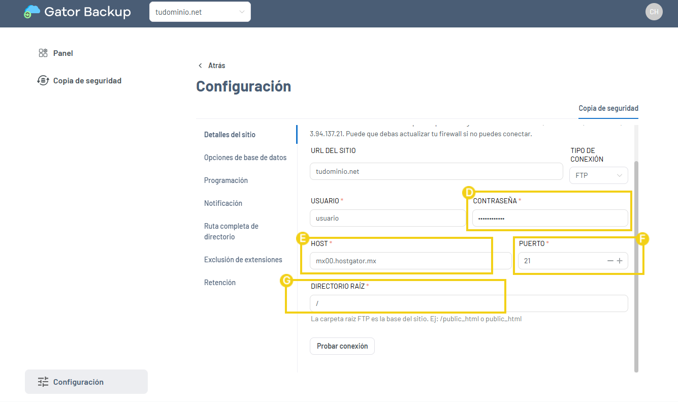 Area de configuración con los campos necesarios para completar resaltados
