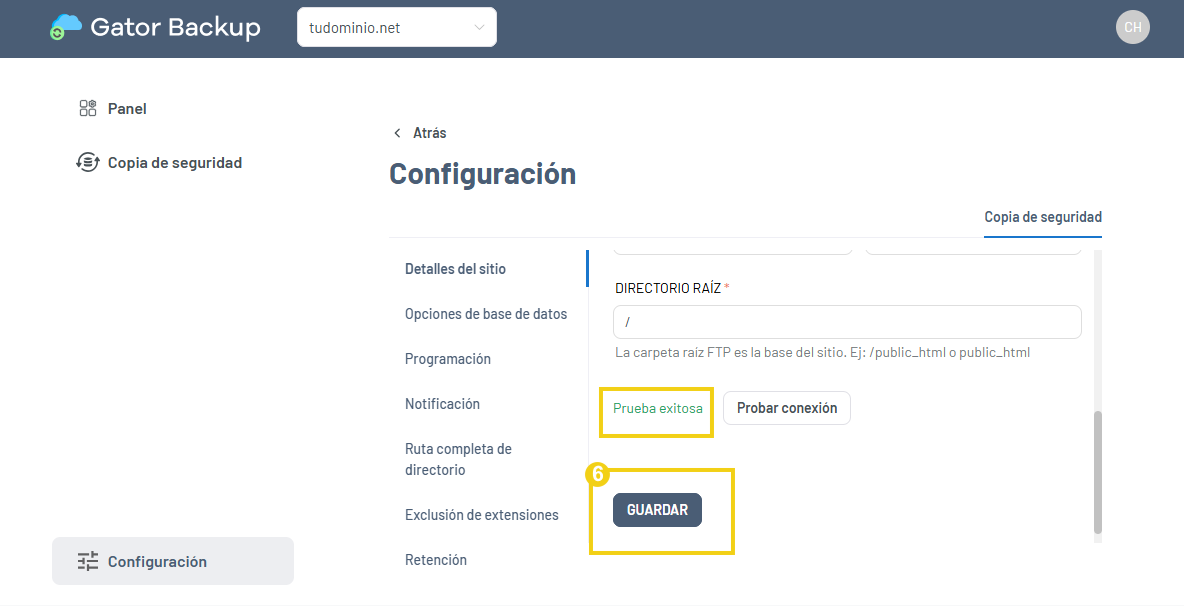 Gator Backup — pantalla de configuración con mensaje de éxito y botón Guardar resaltado