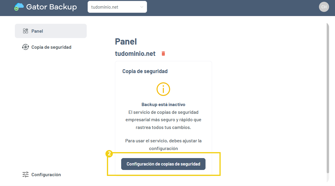Pantalla de configuración inicial con el mensaje de copia de seguridad inactiva y botón Configuración del Backup