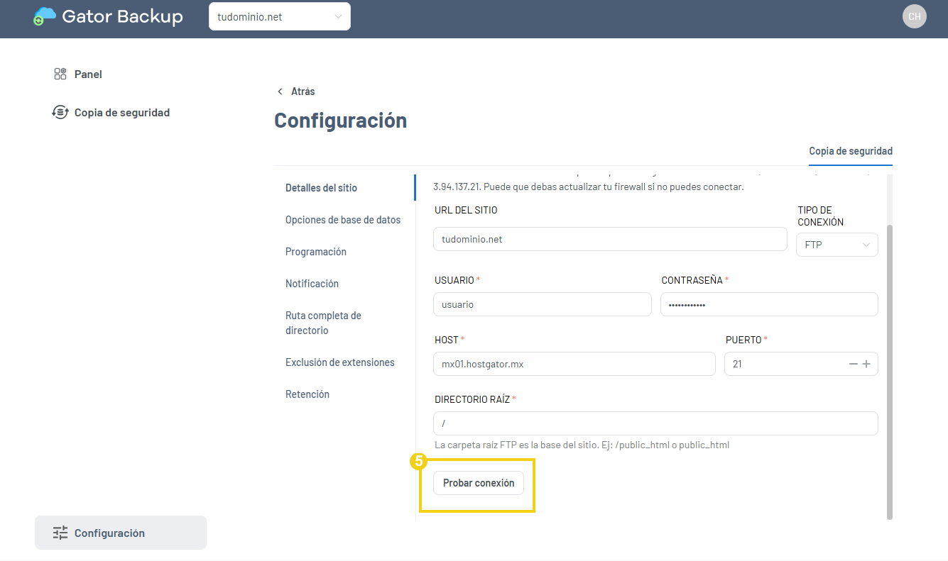 Area de configuración con el botón Probar conexión resaltado