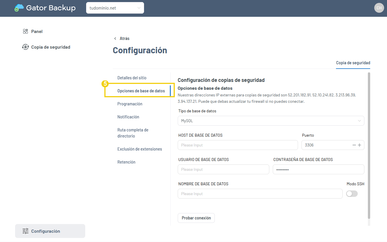 Configuración con la opción Base de datos resaltada