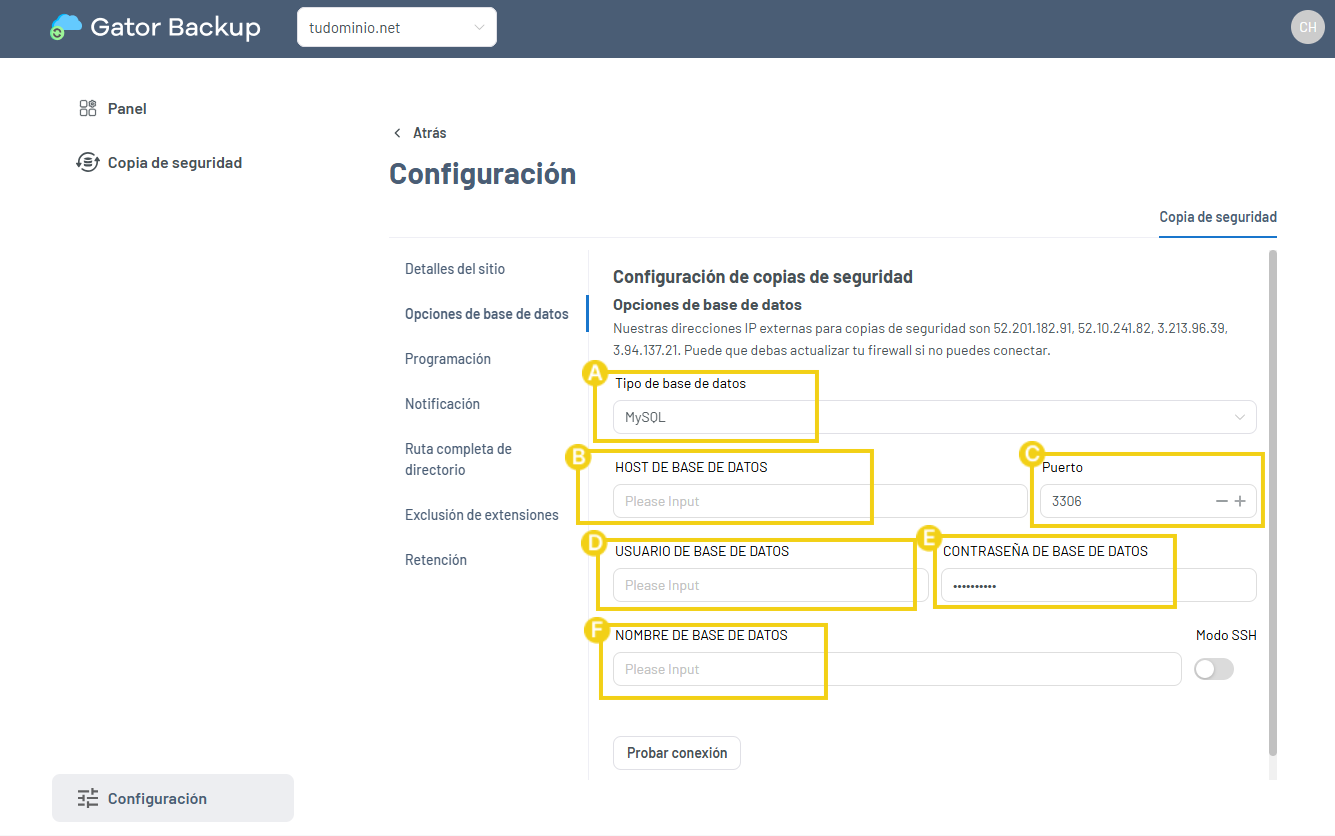 Pantalla de configuración con los datos a completar para la conexión de la base de datos