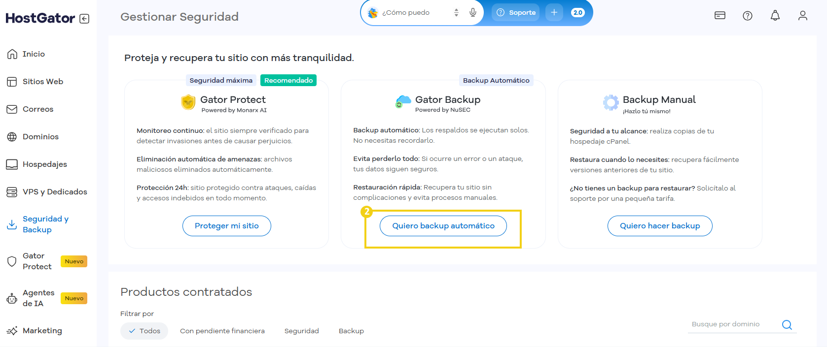 Pestaña Seguridad y Backup con el botón Quiero backup automático del Gator Backup resaltado